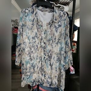 CJ Banks Blue and Cream Patterned Blouse